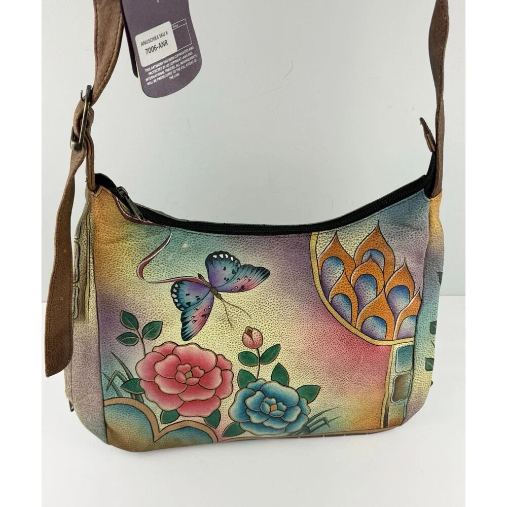 Anuschka Leather Handpainted Butterfly Floral Purse Handbag/Wristlet/Wallet NEW
